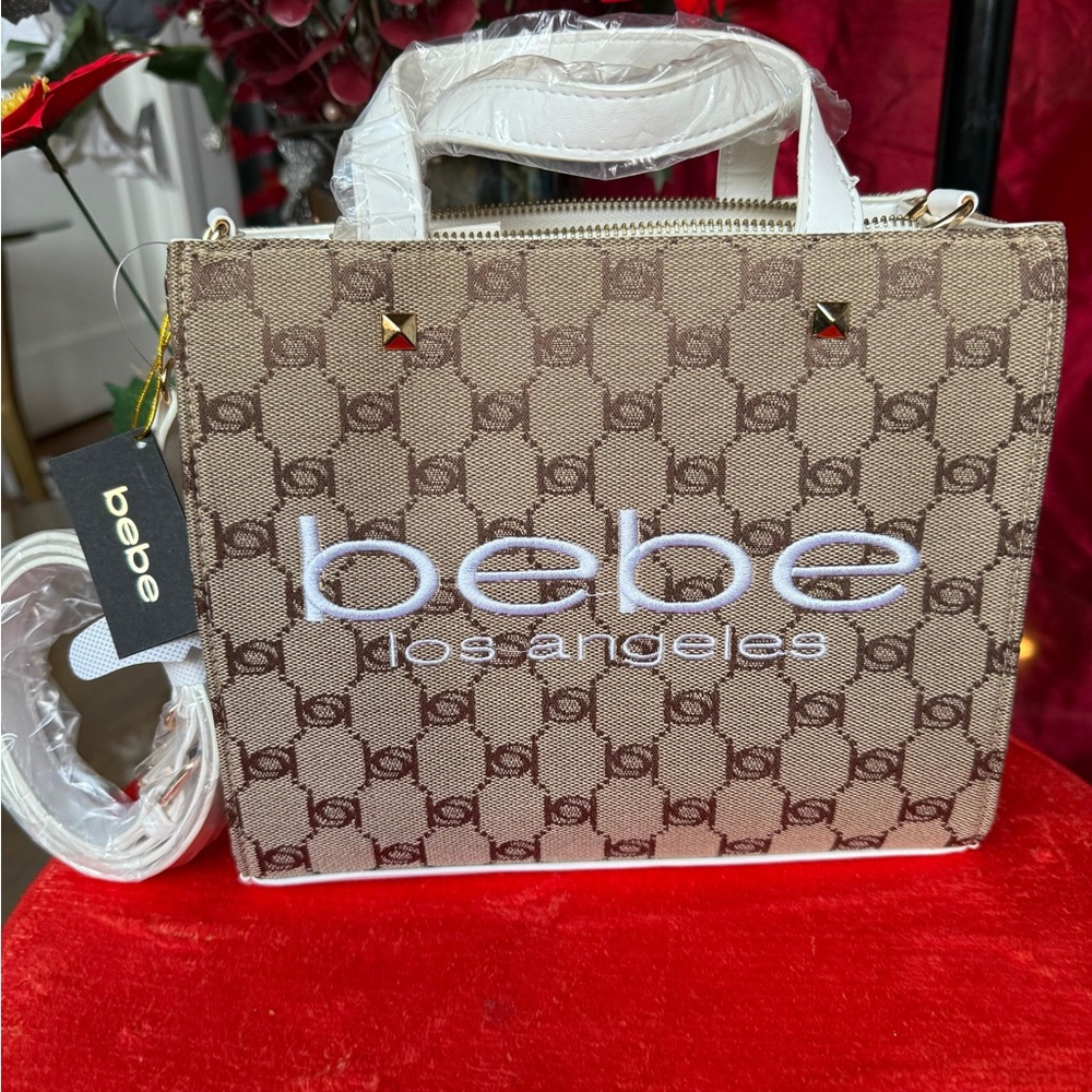 Bebe Los Angeles Beige and White Tote Bag